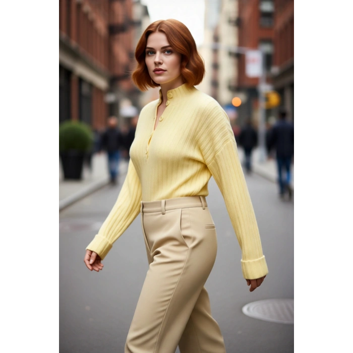 Kadın Relaxed Kalıp Dik Yaka Fitilli Dokuma Düğmeli Triko Kazak Kış Günleri İçin Konfor ve Şıklık