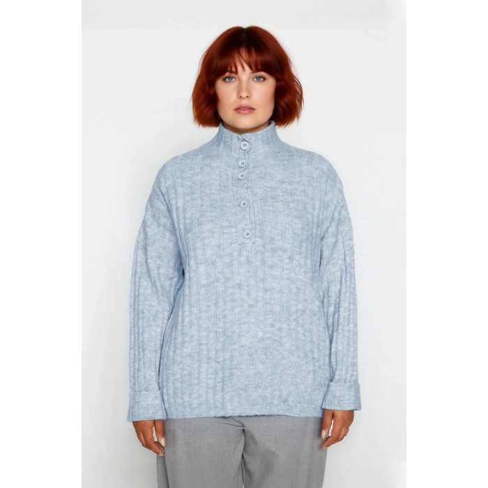 Kadın Relaxed Kalıp Dik Yaka Fitilli Dokuma Düğmeli Triko Kazak Kış Günleri İçin Konfor ve Şıklık