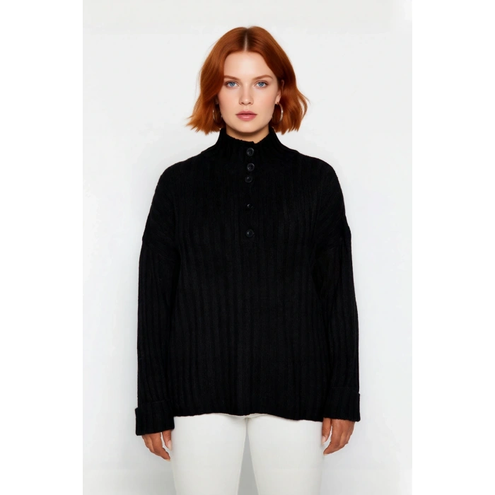 Kadın Relaxed Kalıp Dik Yaka Fitilli Dokuma Düğmeli Triko Kazak Kış Günleri İçin Konfor ve Şıklık