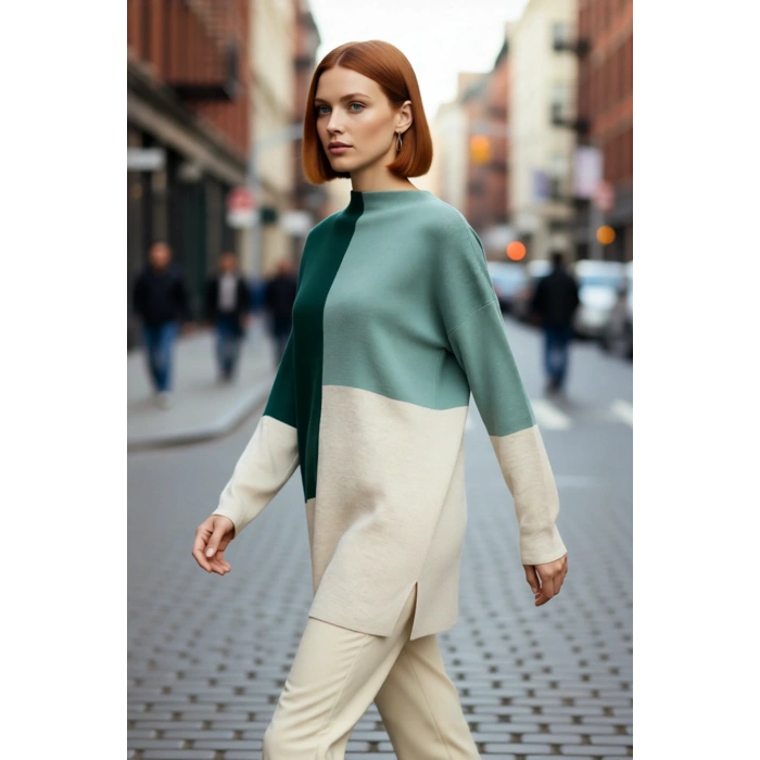 Kadın Relaxed Kalıp Dik Yaka Renk Bloklu Triko Kazak Kış Günleri İçin Konforlu ve Şık Seçim