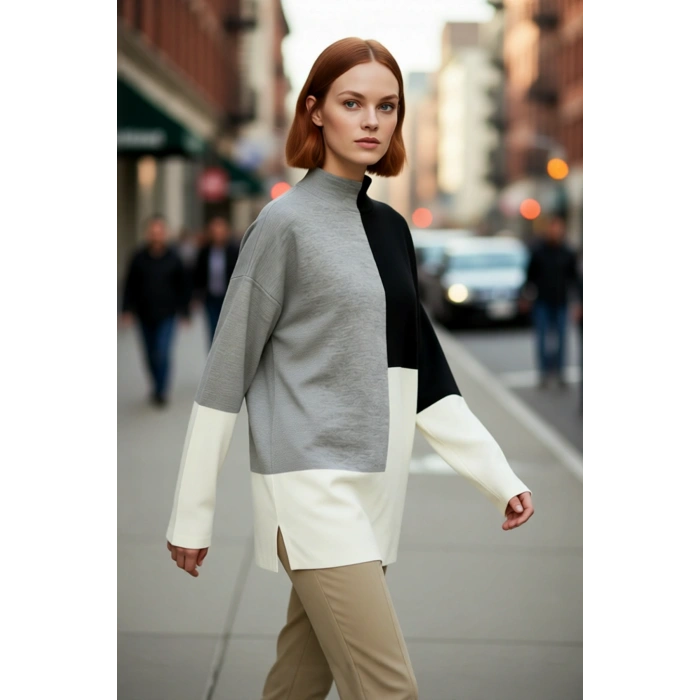 Kadın Relaxed Kalıp Dik Yaka Renk Bloklu Triko Kazak Kış Günleri İçin Konforlu ve Şık Seçim