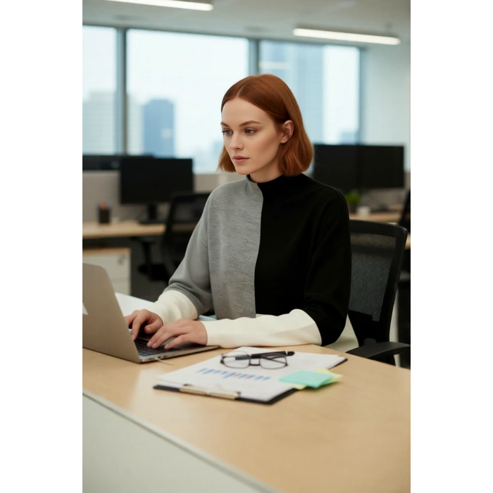 Kadın Relaxed Kalıp Dik Yaka Renk Bloklu Triko Kazak Kış Günleri İçin Konforlu ve Şık Seçim