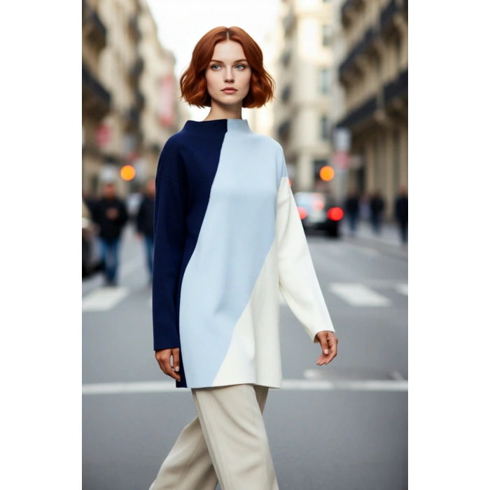 Kadın Relaxed Kalıp Dik Yaka Renk Bloklu Triko Kazak Kış Sezonu İçin Şık Ve Konforlu Düşük Kol