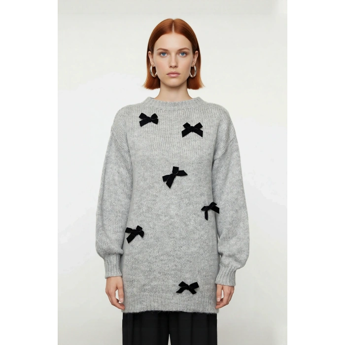 Kadın Relaxed Kalıp Düşük Kol Fiyonklu Triko Bisiklet Yaka Uzun Kollu Şık Kazak Modeli Kaliteli