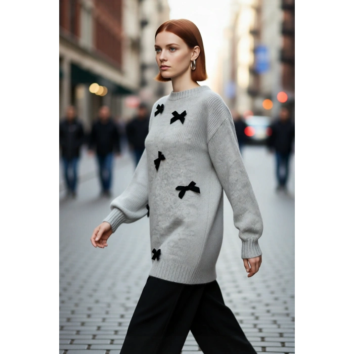 Kadın Relaxed Kalıp Düşük Kol Fiyonklu Triko Bisiklet Yaka Uzun Kollu Şık Kazak Modeli Kaliteli