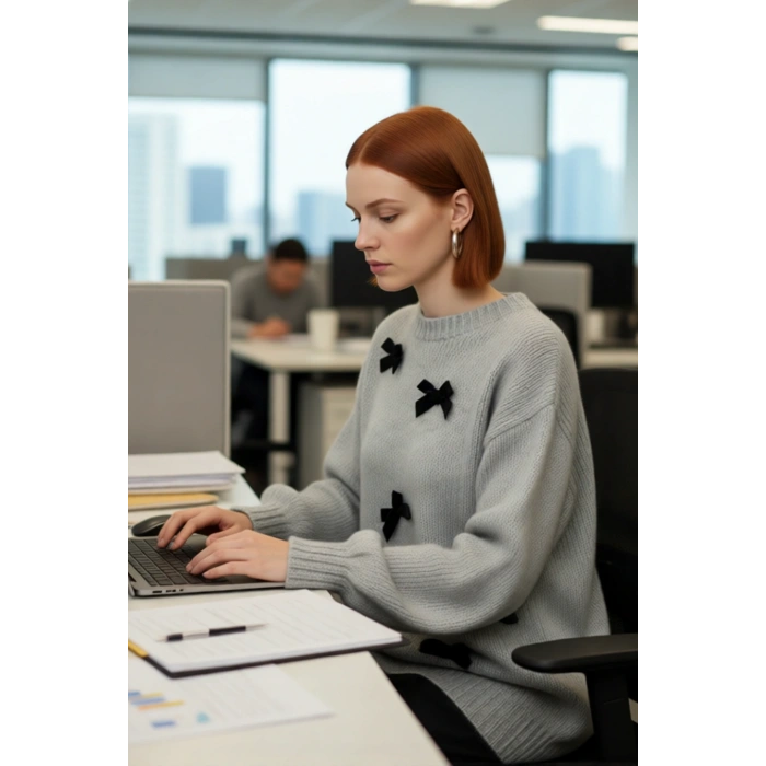 Kadın Relaxed Kalıp Düşük Kol Fiyonklu Triko Bisiklet Yaka Uzun Kollu Şık Kazak Modeli Kaliteli