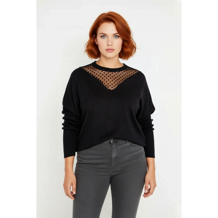 Kadın Relaxed Kalıp Düşük Kol Tül Detaylı Bisiklet Yaka Uzun Kollu Triko Kazak Konforlu Günlük