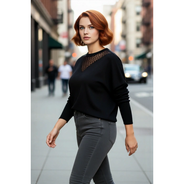 Kadın Relaxed Kalıp Düşük Kol Tül Detaylı Bisiklet Yaka Uzun Kollu Triko Kazak Konforlu Günlük