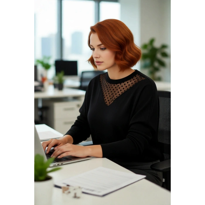 Kadın Relaxed Kalıp Düşük Kol Tül Detaylı Bisiklet Yaka Uzun Kollu Triko Kazak Konforlu Günlük