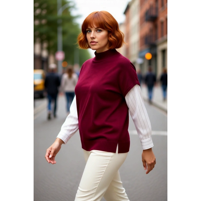 Kadın Relaxed Kalıp Kolsuz Triko Süveter Dik Yaka Basic Şık Görünüm Sunan Akrilik Tasarım Kaliteli