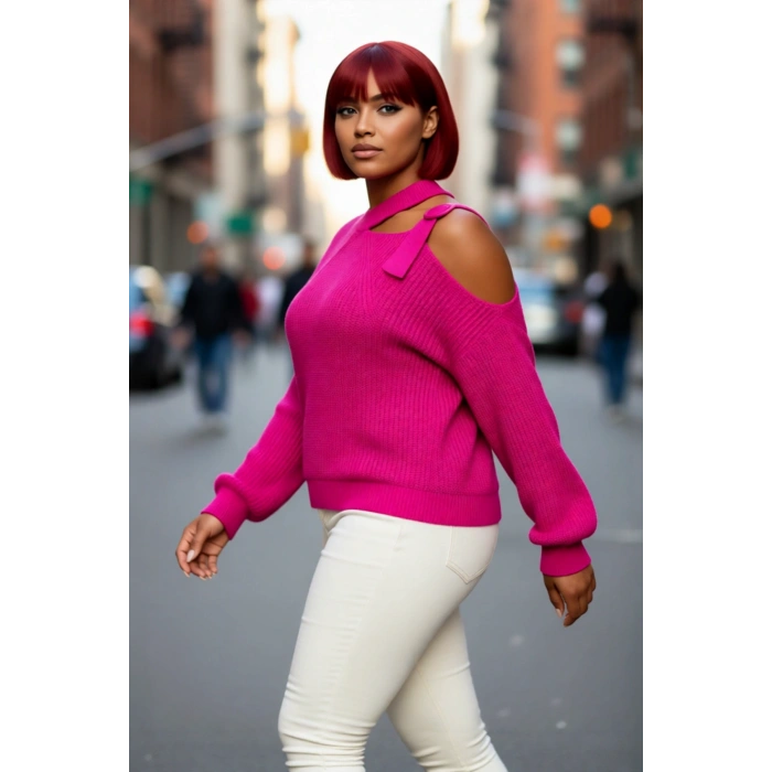 Kadın Relaxed Kalıp Pencere Detaylı Düşük Kollu Triko Kazak Kışlık Günlük Tarzın Anahtarı Kaliteli