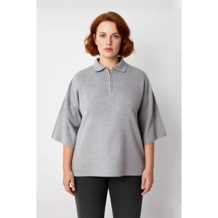 Kadın Relaxed Kalıp Polo Yaka Fermuar Detaylı Düşük Kollu Truvakar Triko Kazak Büyük Beden Rahat