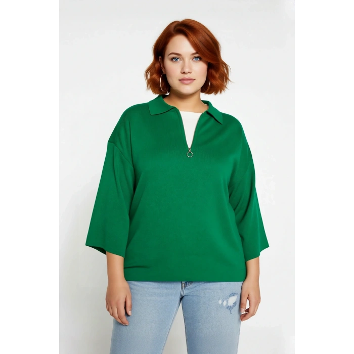 Kadın Relaxed Kalıp Polo Yaka Fermuar Detaylı Düşük Kollu Truvakar Triko Kazak Büyük Beden Rahat