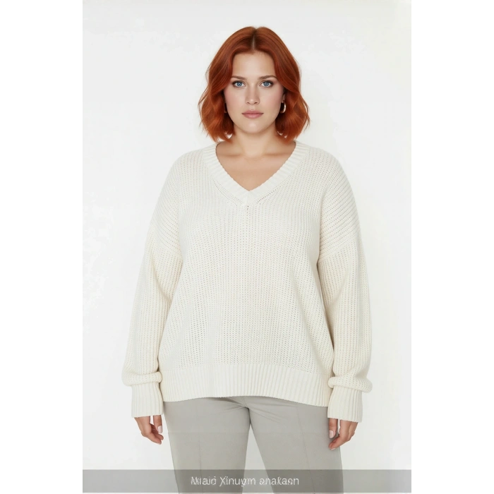 Kadın Relaxed Kalıp Renk Bloklu V Yaka Akrilik Triko Kazak Uzun Kollu Selanik Örgü Kışlık Şıklık