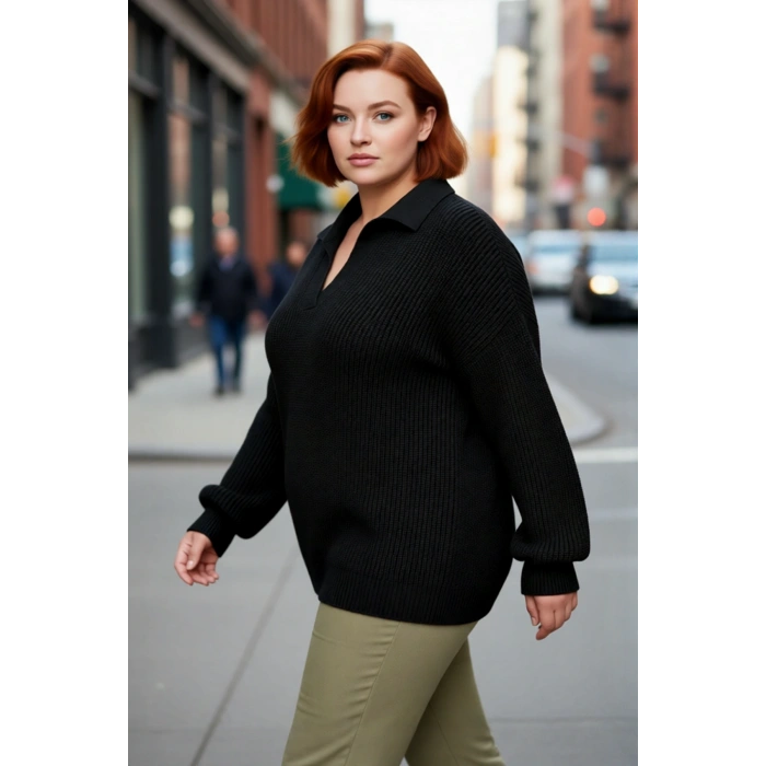 Kadın Relaxed Kalıp Selanik Örgü Polo Yaka Kalın Akrilik Triko Kazak Günlük Şıklık Sunar Kaliteli