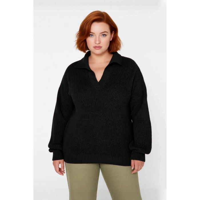 Kadın Relaxed Kalıp Selanik Örgü Polo Yaka Kalın Akrilik Triko Kazak Günlük Şıklık Sunar Kaliteli