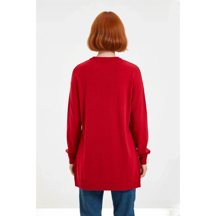 Kadın Relaxed Kalıp Triko Tunik Bisiklet Yaka Akrilik Düşük Kol Düz Desenli Yırtmaç Detaylı İnce