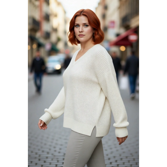 Kadın Relaxed Kalıp V Yaka Akrilik Triko Kazak Renk Bloklu Uzun Kollu Günlük Selanik Örgü Kış