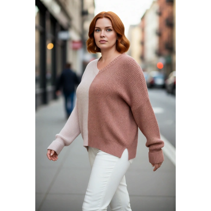 Kadın Relaxed Kalıp V Yaka Akrilik Triko Kazak Renk Bloklu Uzun Kollu Günlük Selanik Örgü Kış