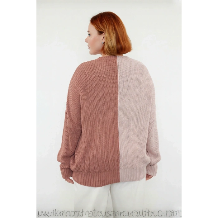 Kadın Relaxed Kalıp V Yaka Akrilik Triko Kazak Renk Bloklu Uzun Kollu Günlük Selanik Örgü Kış