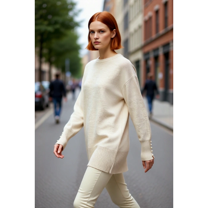 Kadın Relaxed Kesim Bisiklet Yaka İnci Detaylı Uzun Kollu Triko Kazak Günlük Kombinler İçin Şık Bir