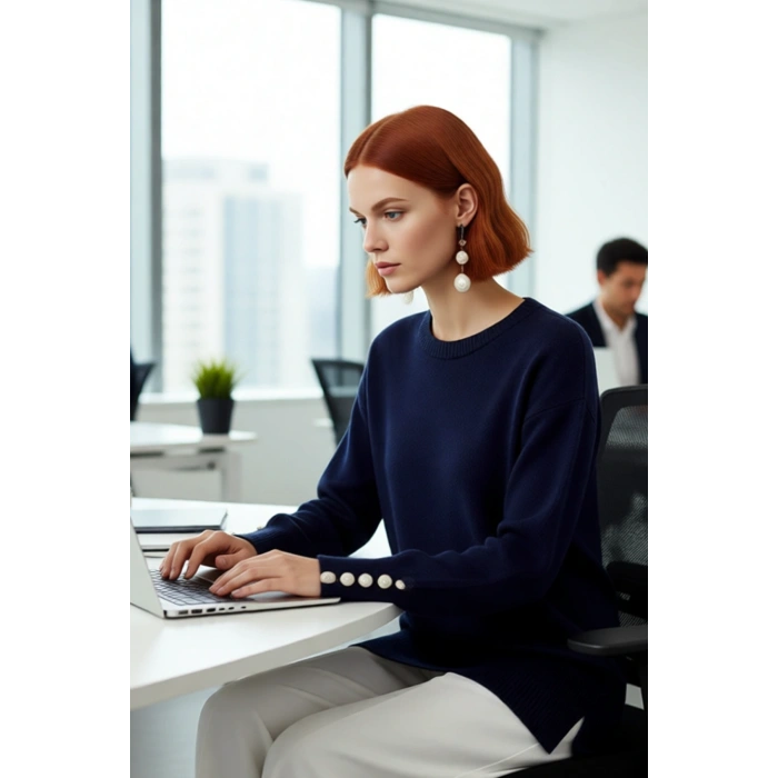 Kadın Relaxed Kesim Bisiklet Yaka İnci Detaylı Uzun Kollu Triko Kazak Günlük Kombinler İçin Şık Bir