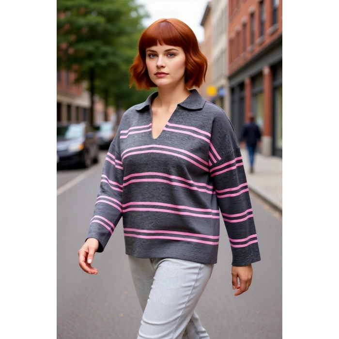 Kadın Relaxed Kesim Çizgili Polo Yaka Akrilik Triko Kazak Kış Sezonu Günlük Şıklıkta Konfor Sunar