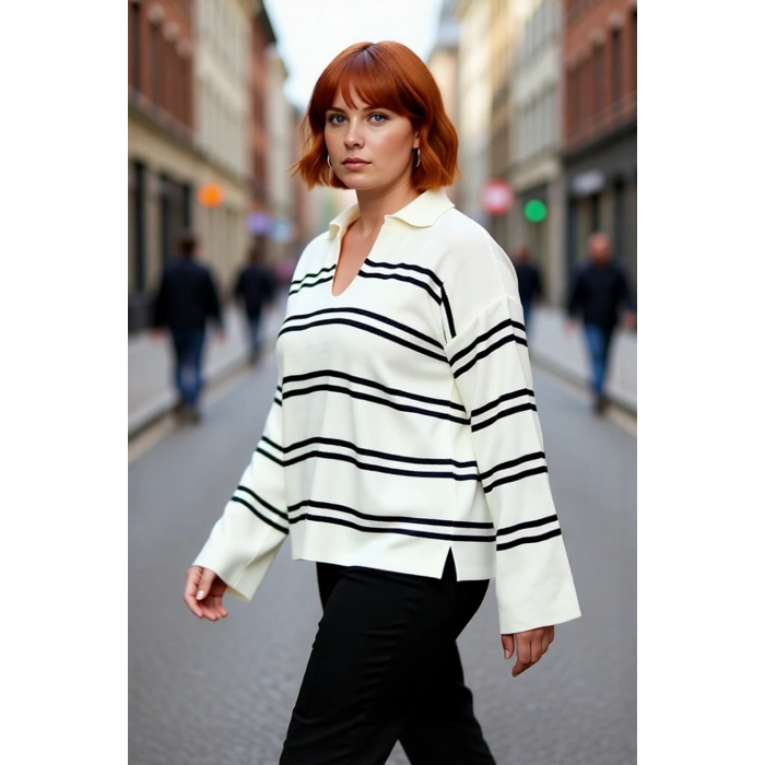 Kadın Relaxed Kesim Çizgili Polo Yaka Akrilik Triko Kazak Kış Sezonu Günlük Şıklıkta Konfor Sunar
