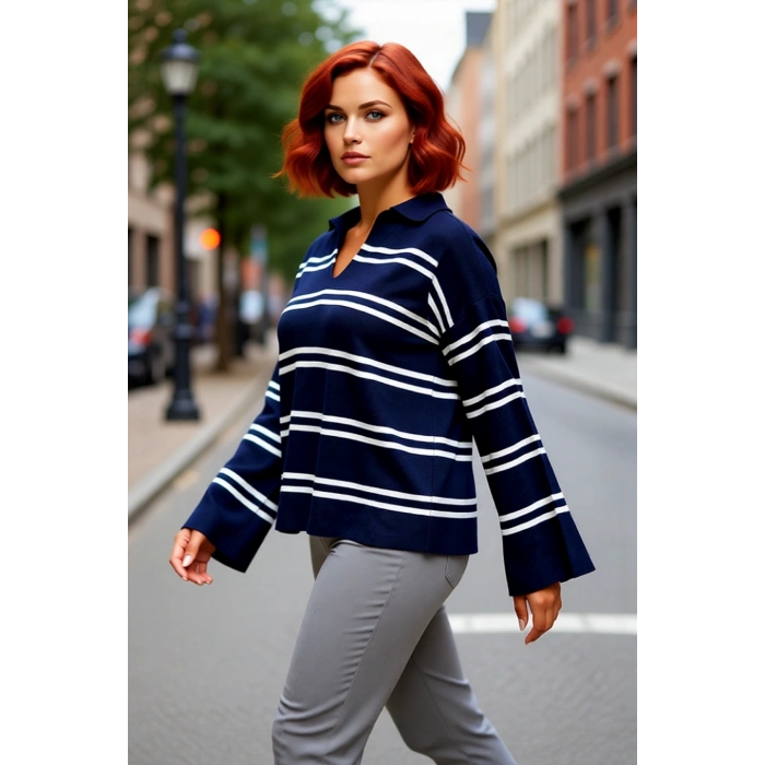 Kadın Relaxed Kesim Çizgili Polo Yaka Akrilik Triko Kazak Kış Sezonu Günlük Şıklıkta Konfor Sunar