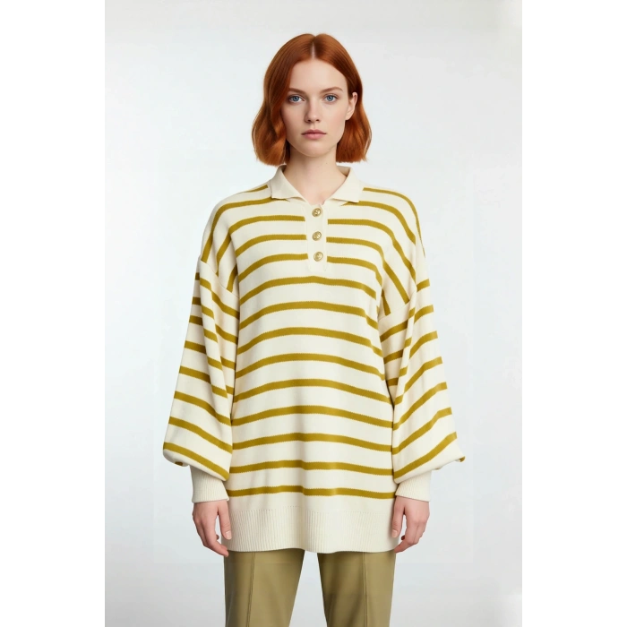 Kadın Relaxed Kesim Çizgili Polo Yaka Düşük Kol Kışlık Triko Kazak Günlük Şıklık Kaliteli Şık