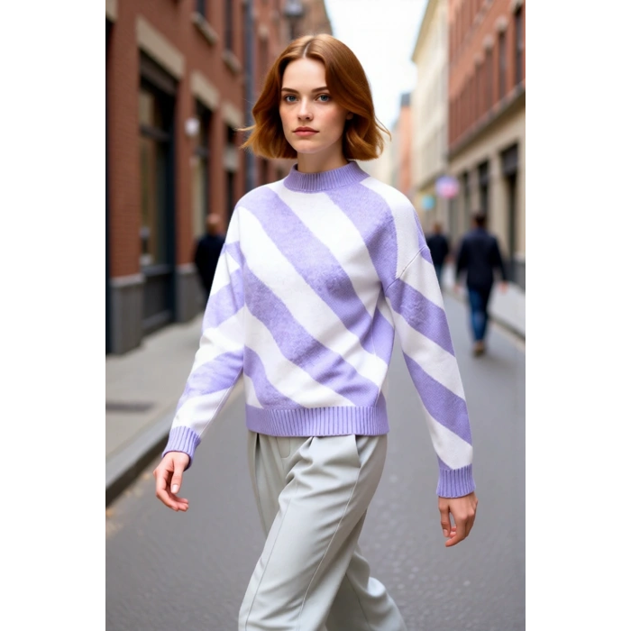 Kadın Relaxed Kesim Mor Çizgili Triko Kazak Düşük Kol Bisiklet Yaka Kış Sezonu Günlük Stil İçin.