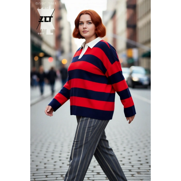 Kadın Relaxed Kesim Polo Yaka Çizgili Triko Kazak Düşük Kol Rahat Giy Çift Plaka Dokuma Uzun