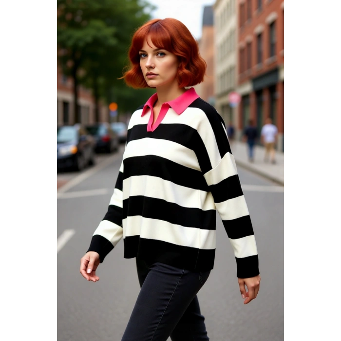 Kadın Relaxed Kesim Polo Yaka Çizgili Triko Kazak Düşük Kol Rahat Giy Çift Plaka Dokuma Uzun