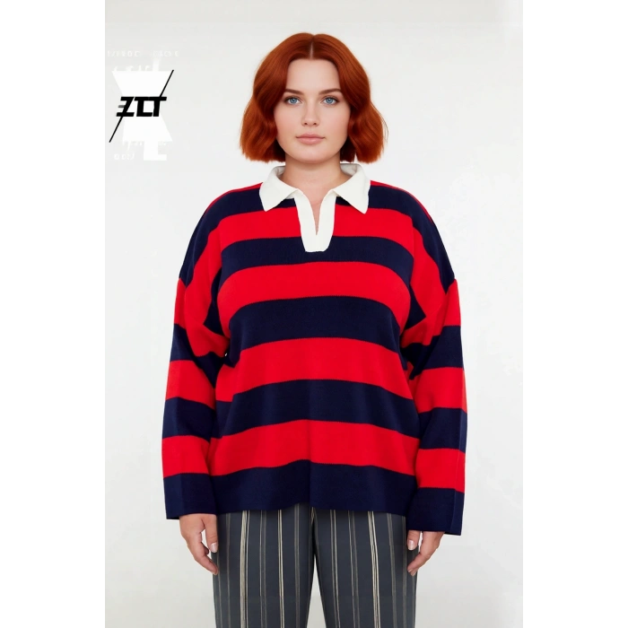 Kadın Relaxed Kesim Polo Yaka Çizgili Triko Kazak Düşük Kol Rahat Giy Çift Plaka Dokuma Uzun