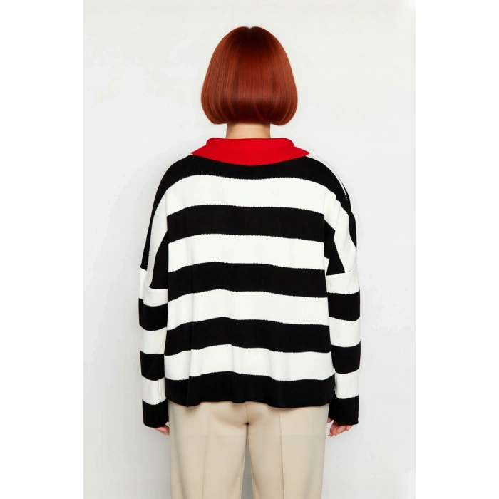 Kadın Relaxed Kesim Polo Yaka Çizgili Triko Kazak Düşük Kol Rahat Giy Çift Plaka Dokuma Uzun