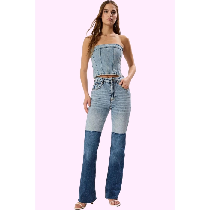 Kadın Renk Bloklu Comfort Flare Jean Yüksek Bel Günlük Ve Özel Günler Yaz Aylarının Vazgeçilmezi