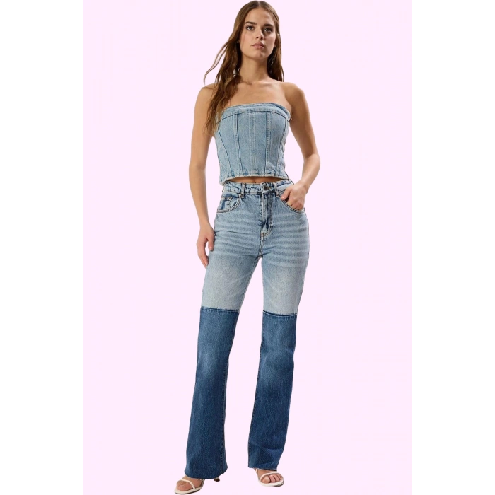 Kadın Renk Bloklu Comfort Flare Jean Yüksek Bel Günlük Ve Özel Günler Yaz Aylarının Vazgeçilmezi