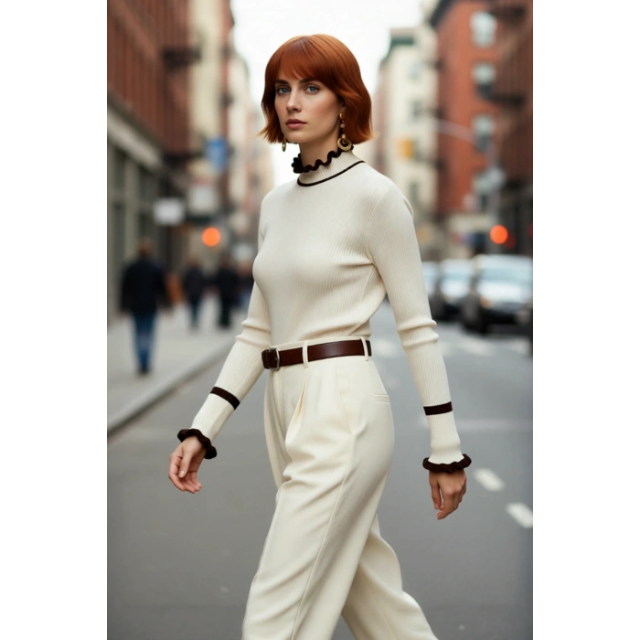 Kadın Renk Bloklu Dik Yaka Fitilli Triko Kazak Kış Günleri İçin Şık Ve Rahat Basic Model Seçeneği