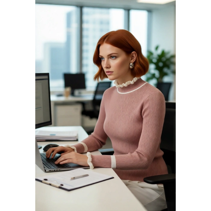 Kadın Renk Bloklu Dik Yaka Fitilli Triko Kazak Kış Günleri İçin Şık Ve Rahat Basic Model Seçeneği