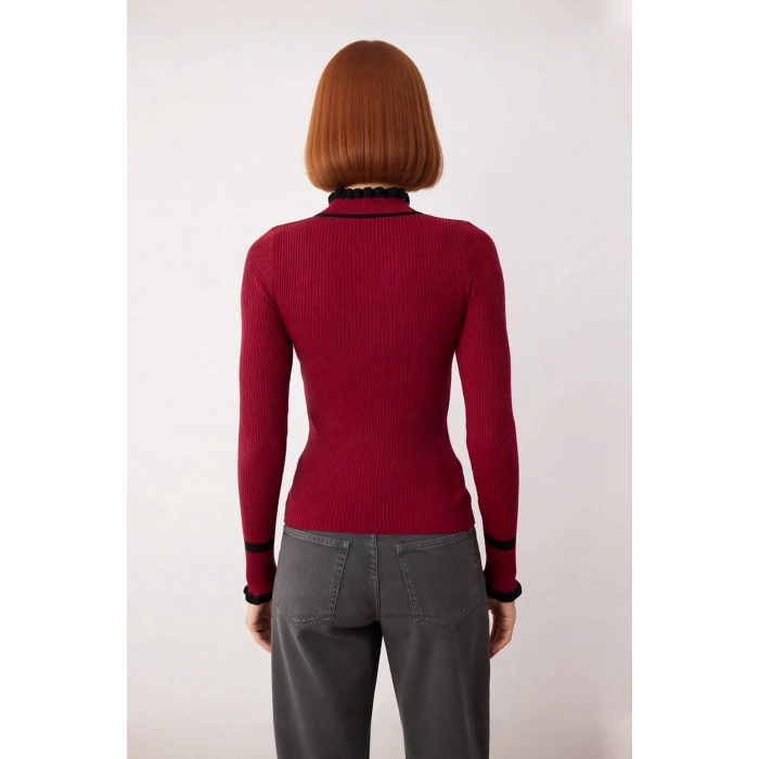 Kadın Renk Bloklu Dik Yaka Fitilli Triko Kazak Kış Günleri İçin Şık Ve Rahat Basic Model Seçeneği