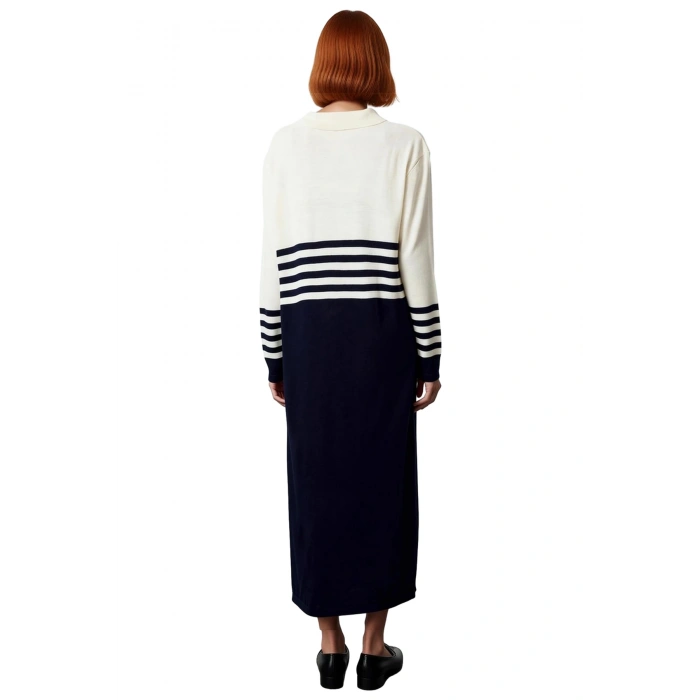 Kadın Renk Bloklu Düşük Kol Polo Yaka Düğmeli Triko Maxi Elbise Günlük Şık Uzun Kaliteli