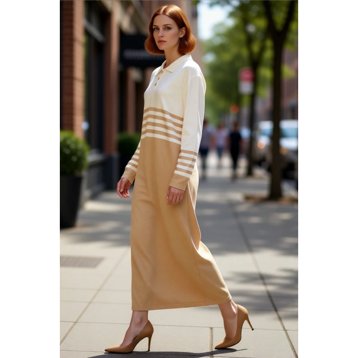 Kadın Renk Bloklu Düşük Kol Polo Yaka Düğmeli Triko Maxi Elbise Günlük Şık Uzun Kaliteli