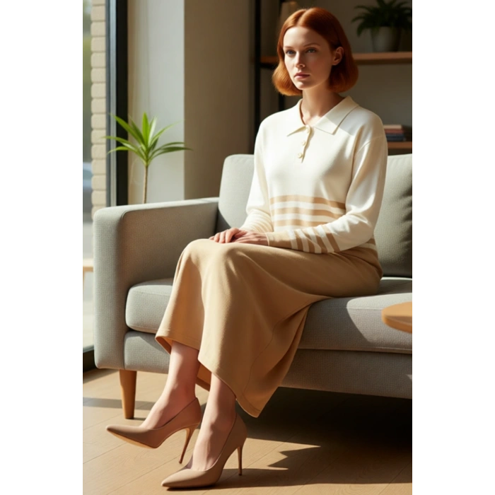 Kadın Renk Bloklu Düşük Kol Polo Yaka Düğmeli Triko Maxi Elbise Günlük Şık Uzun Kaliteli