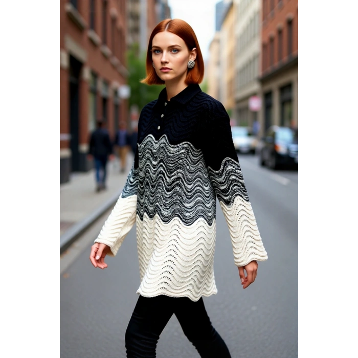 Kadın Renk Bloklu Jakar Dokuma Polo Yaka Uzun Kollu Fitted Triko Kazak Günlük Şıklık Sunar