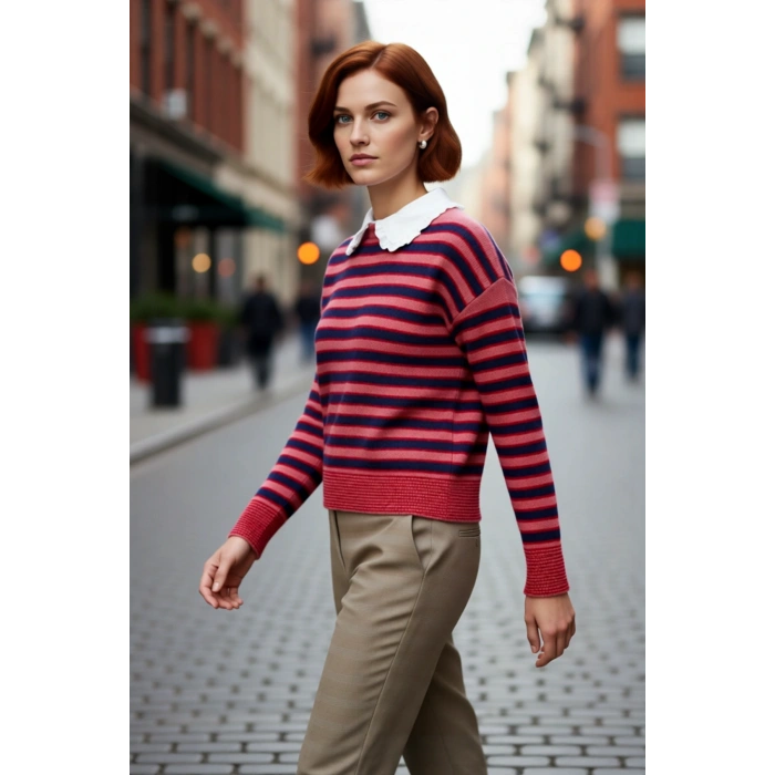 Kadın Renk Bloklu Kalın Triko Kazak Kış Sezonu İçin Çıkarılabilir Yaka Düşük Kol Rahat Giyim