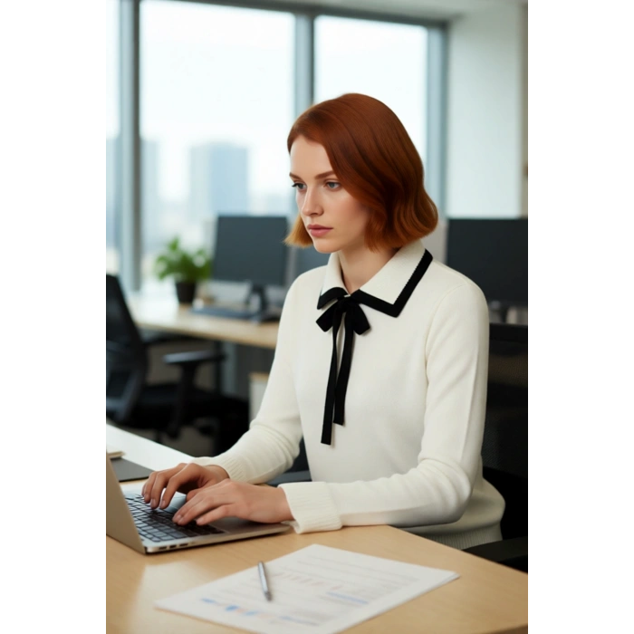 Kadın Renk Bloklu Polo Yaka Bağcıklı Triko Kazak Uzun Kollu Klasik Şıklık ve Konfor Sunar Kaliteli