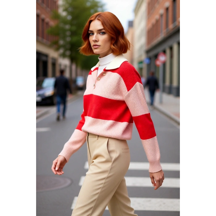 Kadın Renk Bloklu Polo Yaka Düşük Kollu Triko Kazak Kışlık Kombinlerinize Şıklık ve Konfor Katıyor