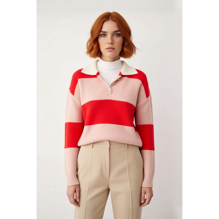 Kadın Renk Bloklu Polo Yaka Düşük Kollu Triko Kazak Kışlık Kombinlerinize Şıklık ve Konfor Katıyor