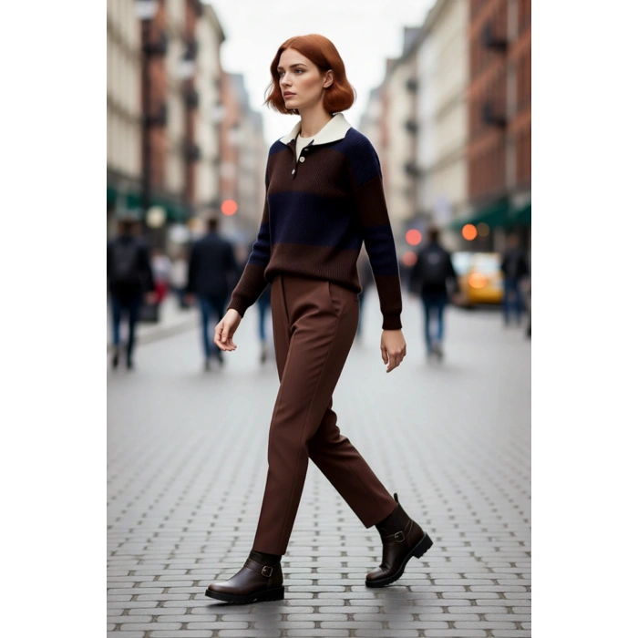 Kadın Renk Bloklu Polo Yaka Düşük Kollu Triko Kazak Kışlık Kombinlerinize Şıklık ve Konfor Katıyor