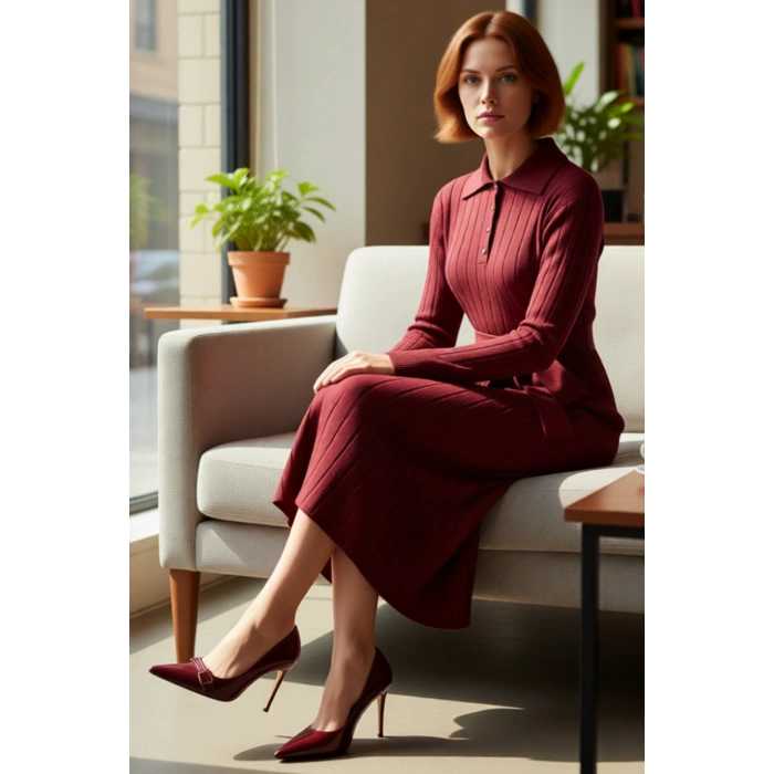 Kadın Ribana Dokuma Akrilik Triko Elbise Yarım Patlı Kuşaklı Maxi Boy Standart Kol Günlük Şık